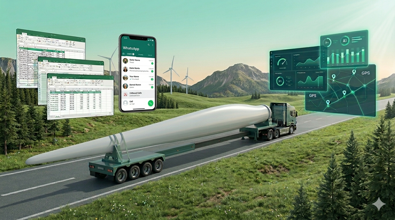 Wind turbine blade on a trailer with WhatsApp, Excel and GPS dashboard interfaces floating overhead — India's wind logistics running on informal tools.